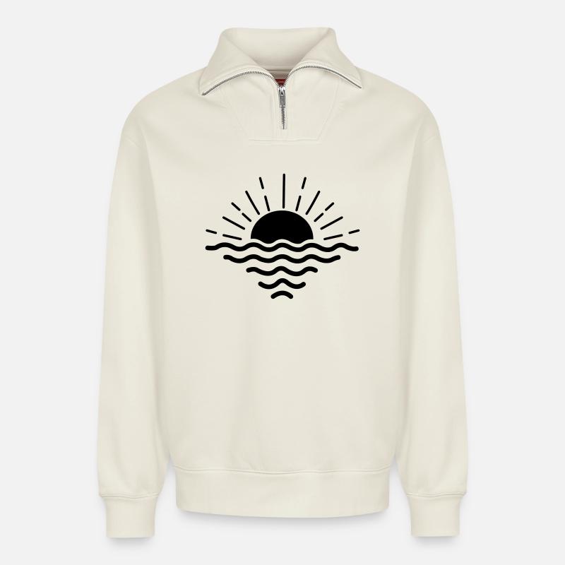 Coucher de soleil mer - Sweat unisexe décontracté en coton biologique à demi-zip – de SPREAD - blanc cassé