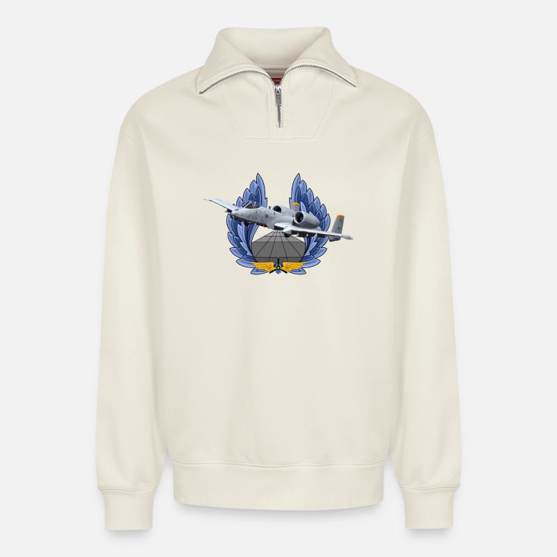 A-10 Thunderbolt - Relaxed Unisex Organic Half Zip Sweatshirt – by SPREAD - off white