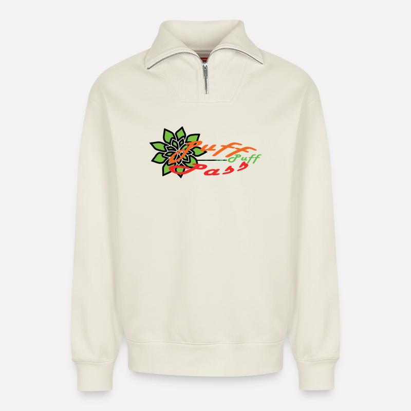 Puff-Puff-Pass !!! - Relaxed Unisex Organic Half Zip Sweatshirt – von SPREAD - Naturweiß