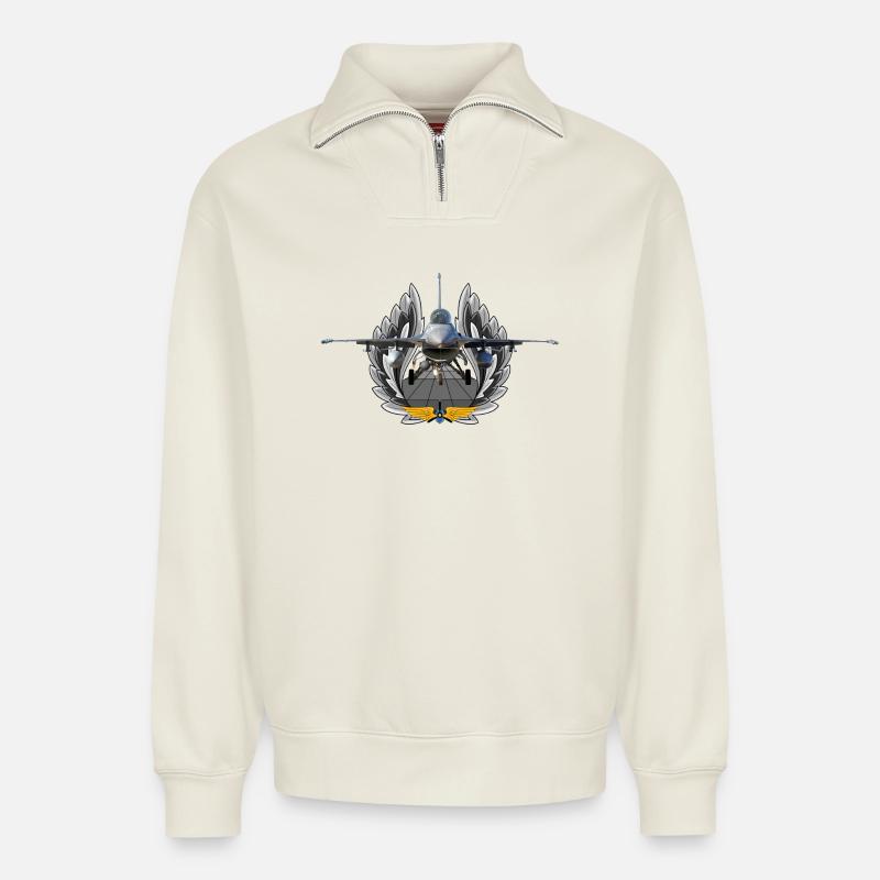 F-16 Fighting Falcon - Relaxed Unisex Organic Half Zip Sweatshirt – von SPREAD - Naturweiß
