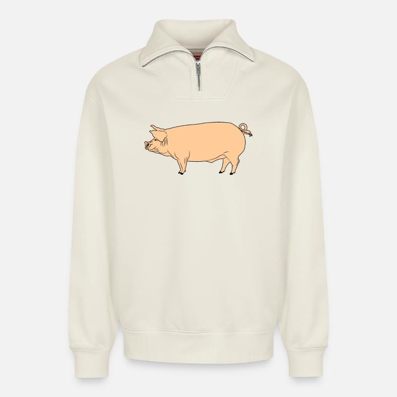Cochon rose - Sweat unisexe décontracté en coton biologique à demi-zip – de SPREAD - blanc cassé