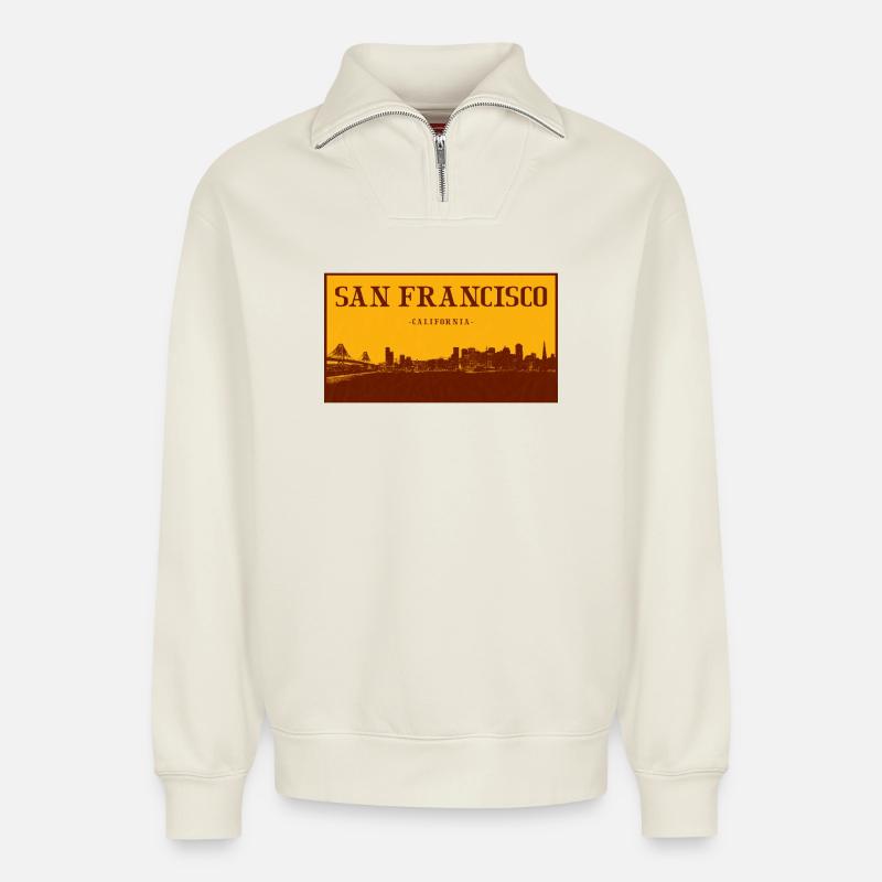 Rétro Skyline de San Francisco - Sweat unisexe décontracté en coton biologique à demi-zip – de SPREAD - blanc cassé