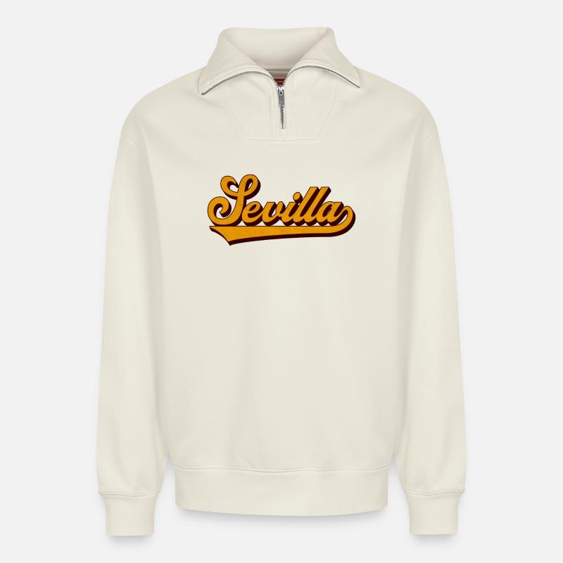 Sevilla Retro Script Gelb - Relaxed Unisex Organic Half Zip Sweatshirt – von SPREAD - Naturweiß
