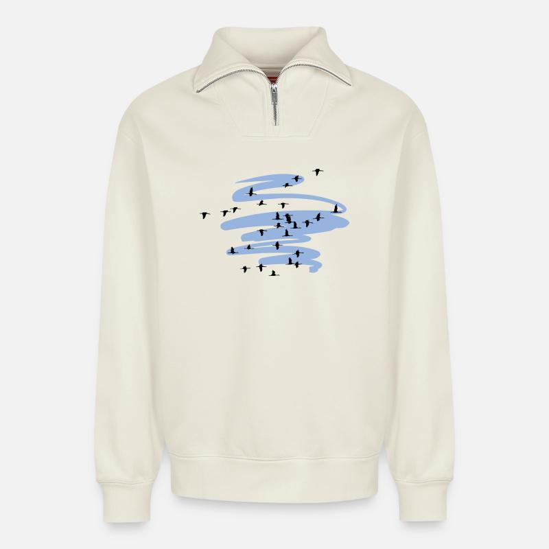 Wild Geese Cranes Spring - Relaxed Unisex Organic Half Zip Sweatshirt – by SPREAD - off white