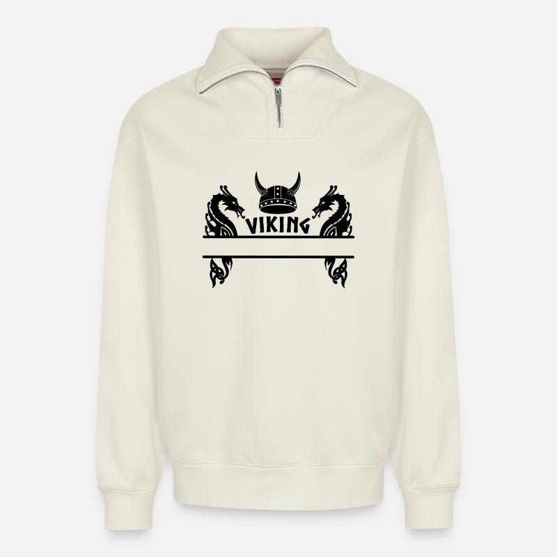 Namensschild des Wikingerdrachenhelms - Relaxed Unisex Organic Half Zip Sweatshirt – von SPREAD - Naturweiß