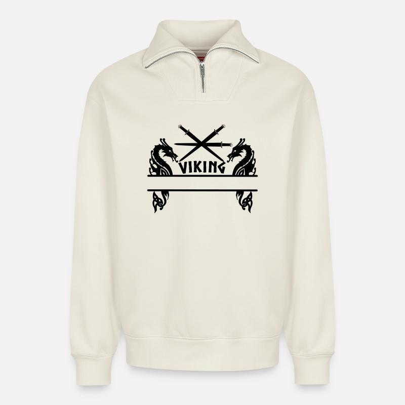 Wikinger Drei Schwerter Zwei Drachen Wikinger - Relaxed Unisex Organic Half Zip Sweatshirt – von SPREAD - Naturweiß