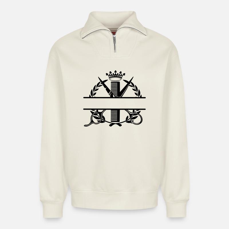 Friseur-Lorbeerkranz und Kronen-Logo - Relaxed Unisex Organic Half Zip Sweatshirt – von SPREAD - Naturweiß