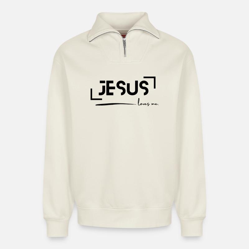 Jesus liebt mich - Relaxed Unisex Organic Half Zip Sweatshirt – von SPREAD - Naturweiß