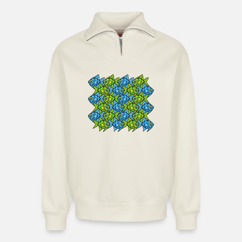 Kaiserfisch-Tessellation II - Relaxed Unisex Organic Half Zip Sweatshirt – von SPREAD - Naturweiß