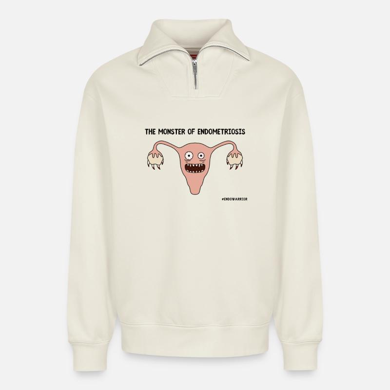 Das Monster der Endometriose - Relaxed Unisex Organic Half Zip Sweatshirt – von SPREAD - Naturweiß