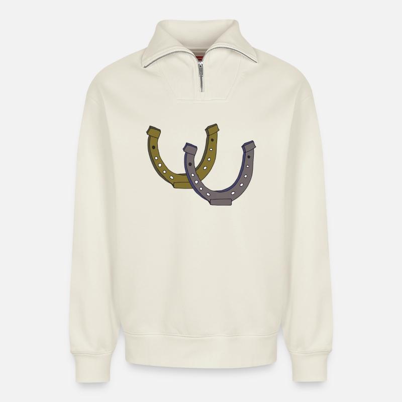 Horseshoe double - Relaxed Unisex Organic Half Zip Sweatshirt – by SPREAD - off white