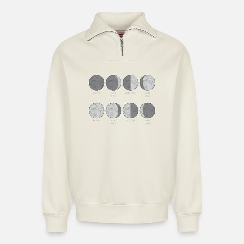 Monochromes Mondphasen-Gitter - Relaxed Unisex Organic Half Zip Sweatshirt – von SPREAD - Naturweiß