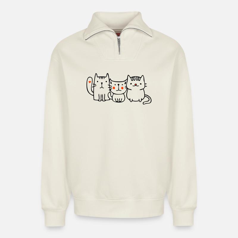 Chats, amis - Sweat unisexe décontracté en coton biologique à demi-zip – de SPREAD - blanc cassé
