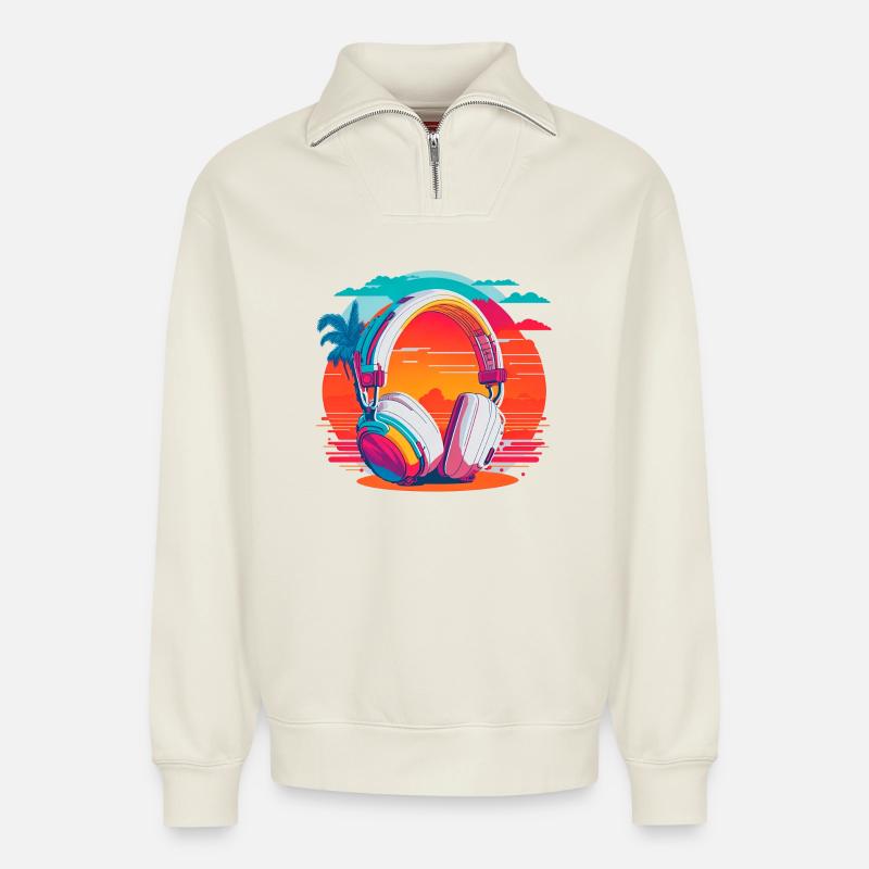 80s Kopfhörer - Relaxed Unisex Organic Half Zip Sweatshirt – von SPREAD - Naturweiß