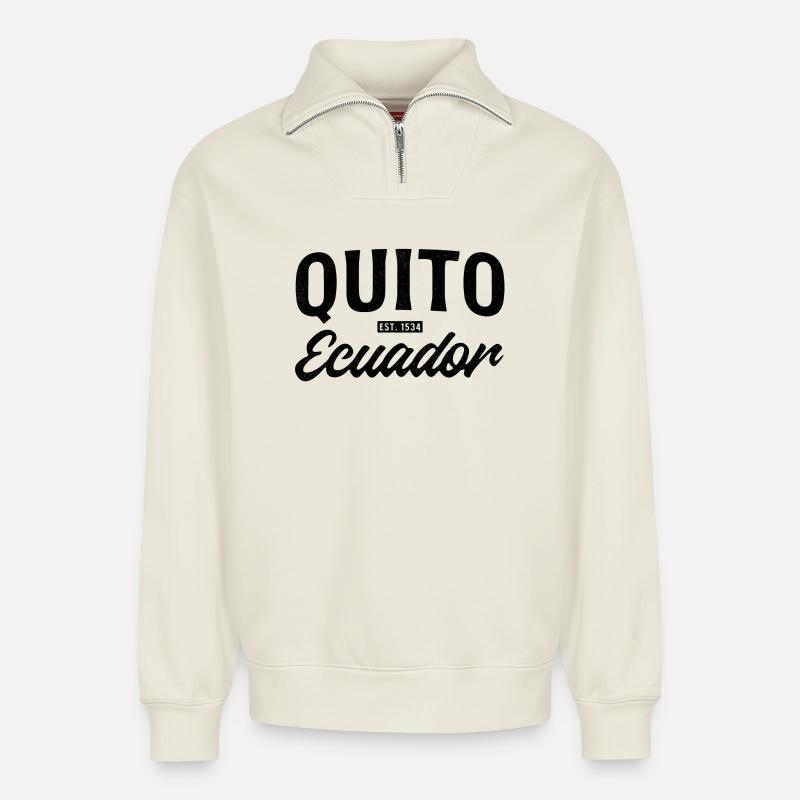 Quito Ecuador - Relaxed Unisex Organic Half Zip Sweatshirt – von SPREAD - Naturweiß