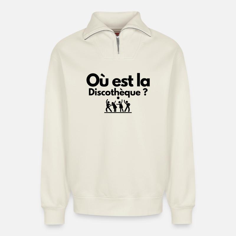 discothèque, boite de nuit, DJ - Sweat unisexe décontracté en coton biologique à demi-zip – de SPREAD - blanc cassé