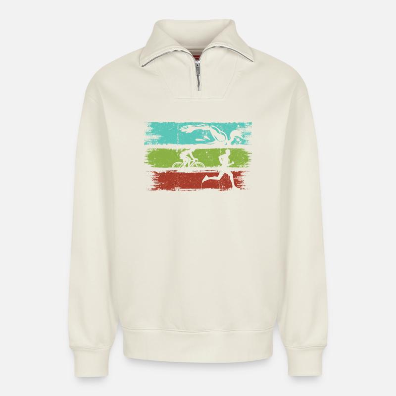 Triathlon Stripes Athletic Motion - Relaxed Unisex Organic Half Zip Sweatshirt – by SPREAD - off white