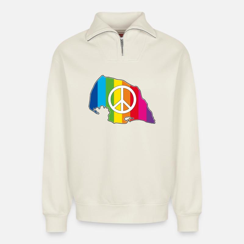 Insel Fehmarn Love Peace Rainbow - Relaxed Unisex Organic Half Zip Sweatshirt – von SPREAD - Naturweiß
