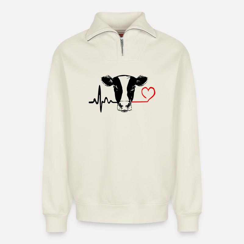 Kuh Liebe Herzschlag - Relaxed Unisex Organic Half Zip Sweatshirt – von SPREAD - Naturweiß