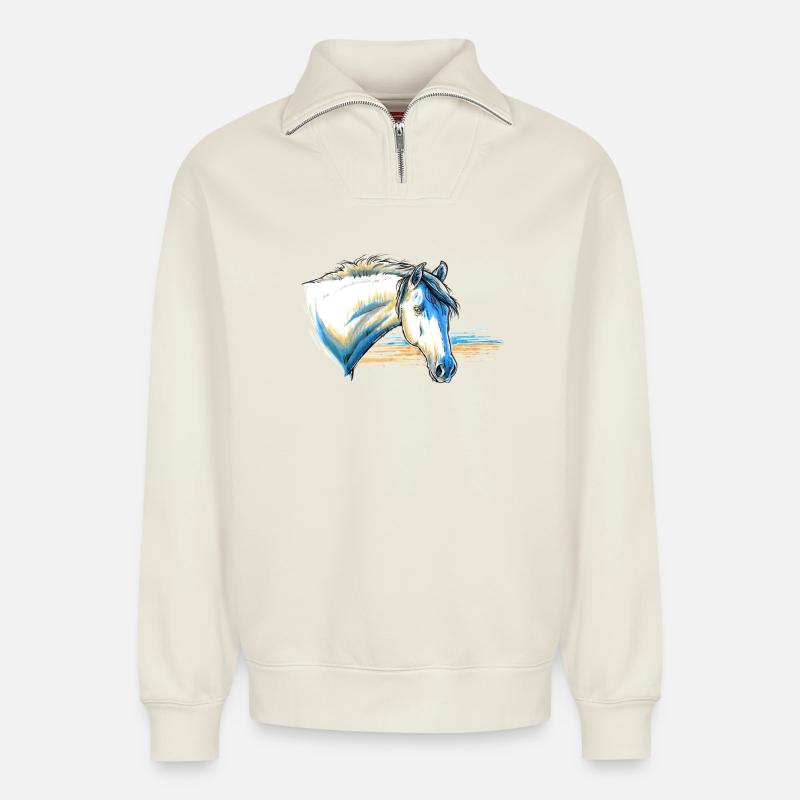 Pferd Portrait - Relaxed Unisex Organic Half Zip Sweatshirt – von SPREAD - Naturweiß