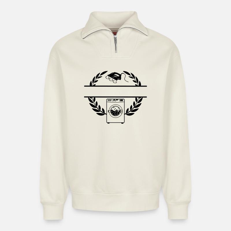 Waschmaschine im Lorbeerkranz - Relaxed Unisex Organic Half Zip Sweatshirt – von SPREAD - Naturweiß