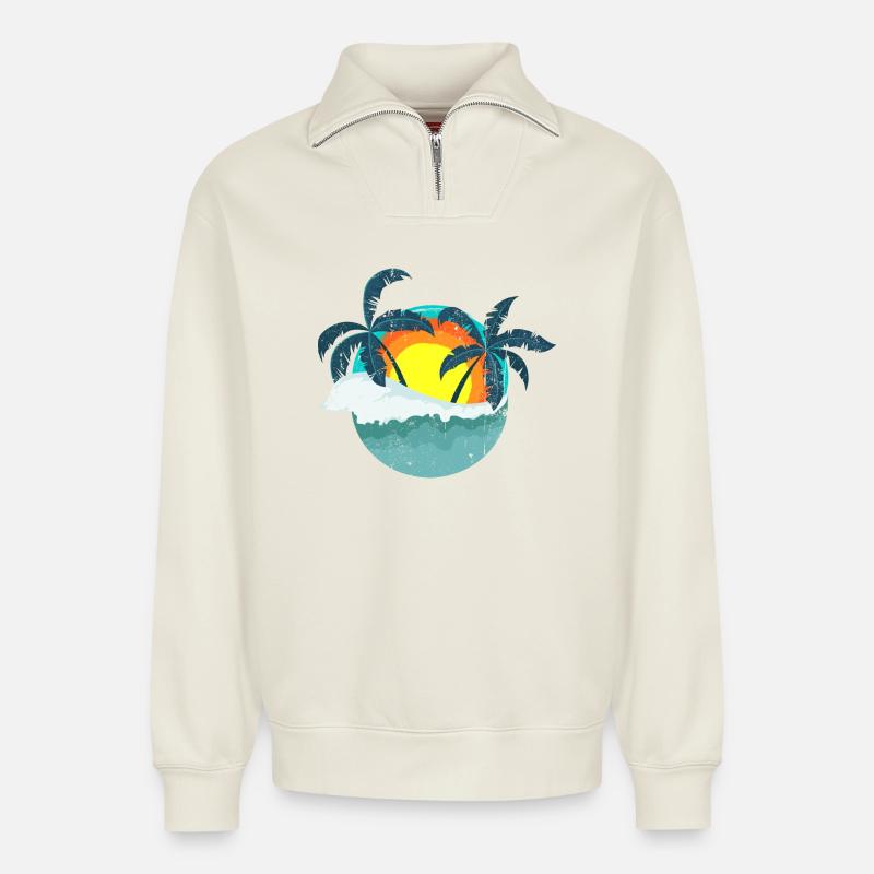 Tropical Sunset Palms Island - Relaxed Unisex Organic Half Zip Sweatshirt – by SPREAD - off white