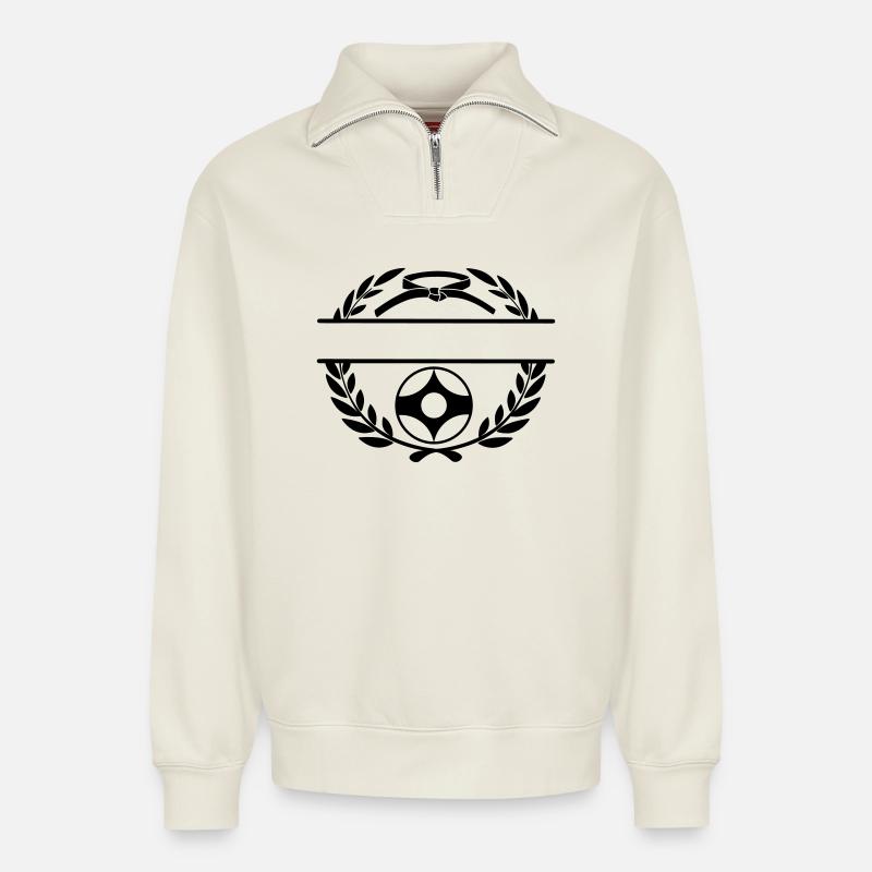 Lorbeerkranz mit Kyokushin-Kanku - Relaxed Unisex Organic Half Zip Sweatshirt – von SPREAD - Naturweiß