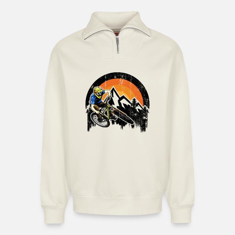 Sunset MTB Rider Burst - Relaxed Unisex Organic Half Zip Sweatshirt – von SPREAD - Naturweiß