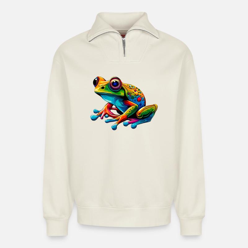 Frosch - Relaxed Unisex Organic Half Zip Sweatshirt – von SPREAD - Naturweiß