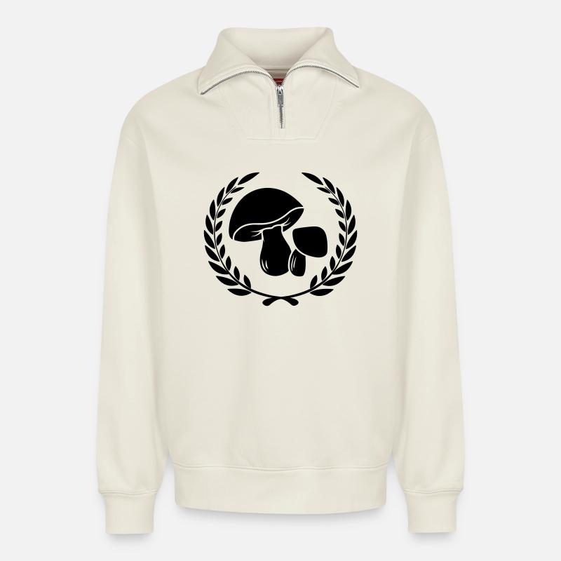 Pilze im Lorbeerkranz - Relaxed Unisex Organic Half Zip Sweatshirt – von SPREAD - Naturweiß