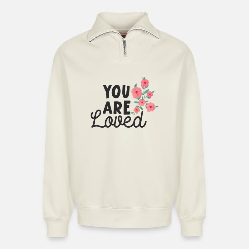 Vous êtes aimé - Sweat unisexe décontracté en coton biologique à demi-zip – de SPREAD - blanc cassé