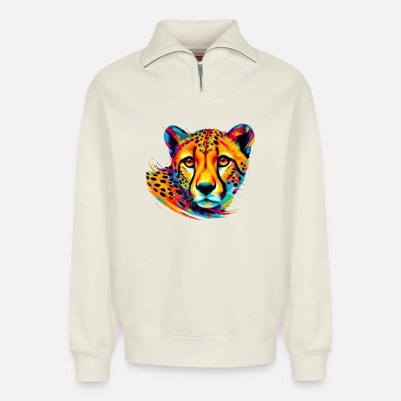 Guépard - Sweat unisexe décontracté en coton biologique à demi-zip – de SPREAD - blanc cassé