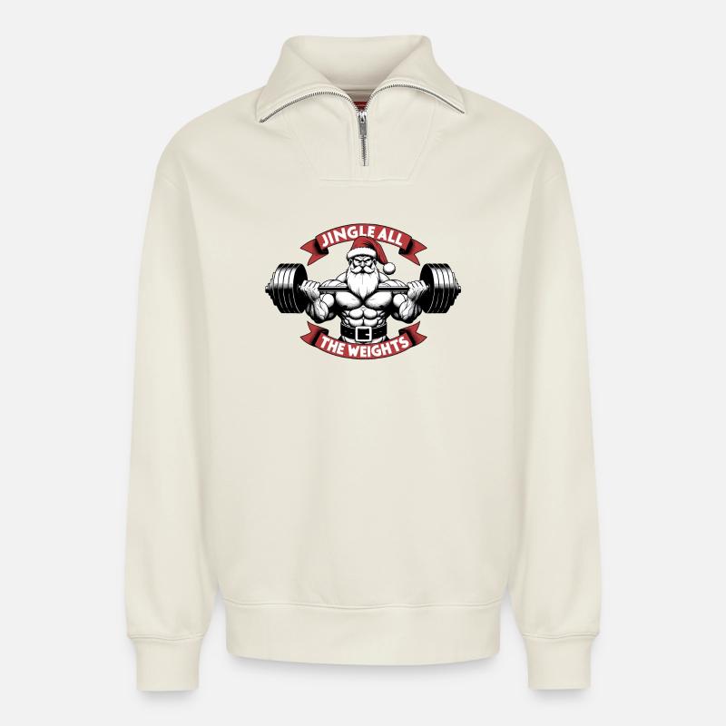 Weihnachtsgeschenk - Jingle All The Weights - Relaxed Unisex Organic Half Zip Sweatshirt – von SPREAD - Naturweiß