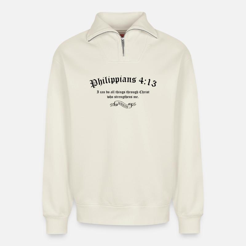 Philipper 4:13 - Relaxed Unisex Organic Half Zip Sweatshirt – von SPREAD - Naturweiß