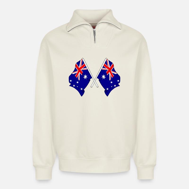 Deux drapeaux croisés de l’Australie - Sweat unisexe décontracté en coton biologique à demi-zip – de SPREAD - blanc cassé