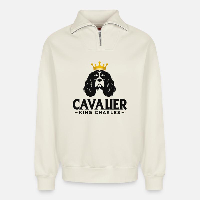 Cavalier King Charles Couronné - Sweat unisexe décontracté en coton biologique à demi-zip – de SPREAD - blanc cassé