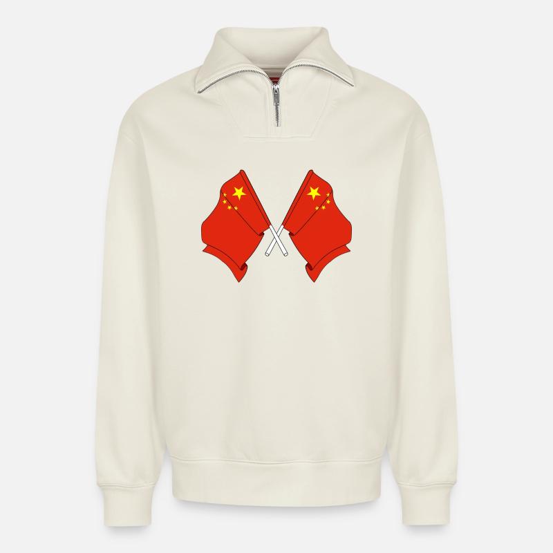 Two flags China - Relaxed Unisex Organic Half Zip Sweatshirt – by SPREAD - off white