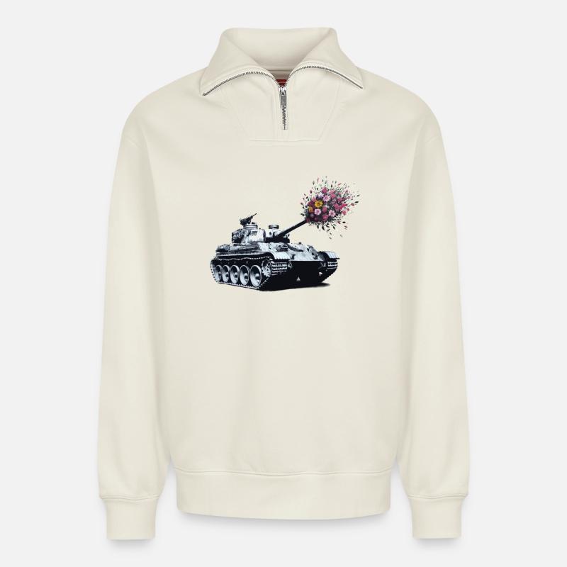Panzer Bouquet - Sweat unisexe décontracté en coton biologique à demi-zip – de SPREAD - blanc cassé