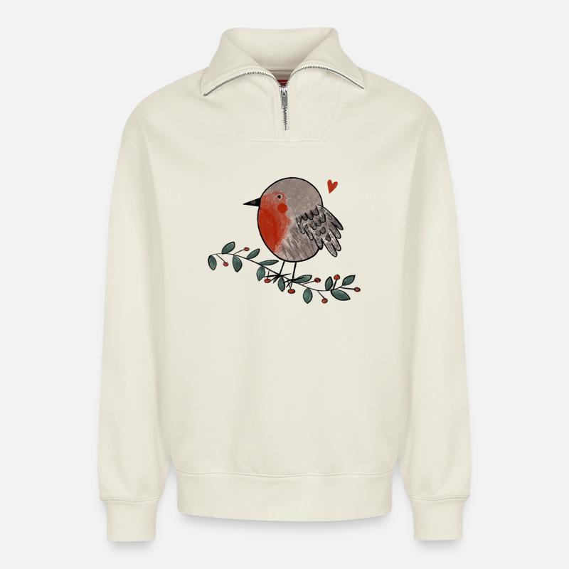 Rotkehlchen Liebe - Relaxed Unisex Organic Half Zip Sweatshirt – von SPREAD - Naturweiß