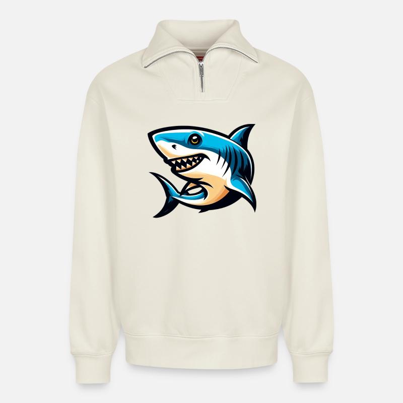 Requin blanc - Sweat unisexe décontracté en coton biologique à demi-zip – de SPREAD - blanc cassé