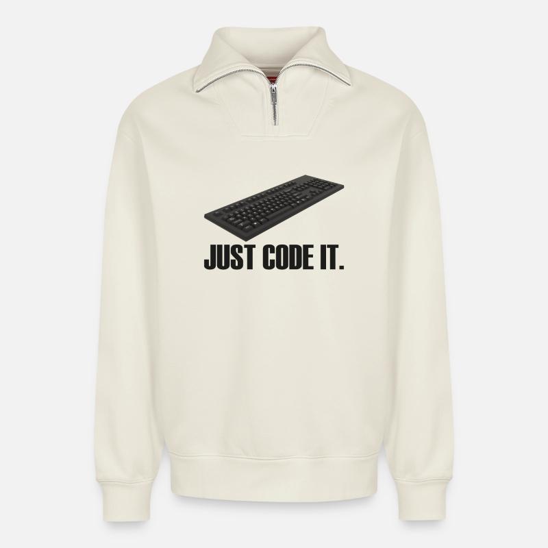 Il suffit de le coder - Sweat unisexe décontracté en coton biologique à demi-zip – de SPREAD - blanc cassé