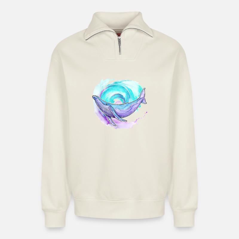 Buckelwal Aquarell - Relaxed Unisex Organic Half Zip Sweatshirt – von SPREAD - Naturweiß