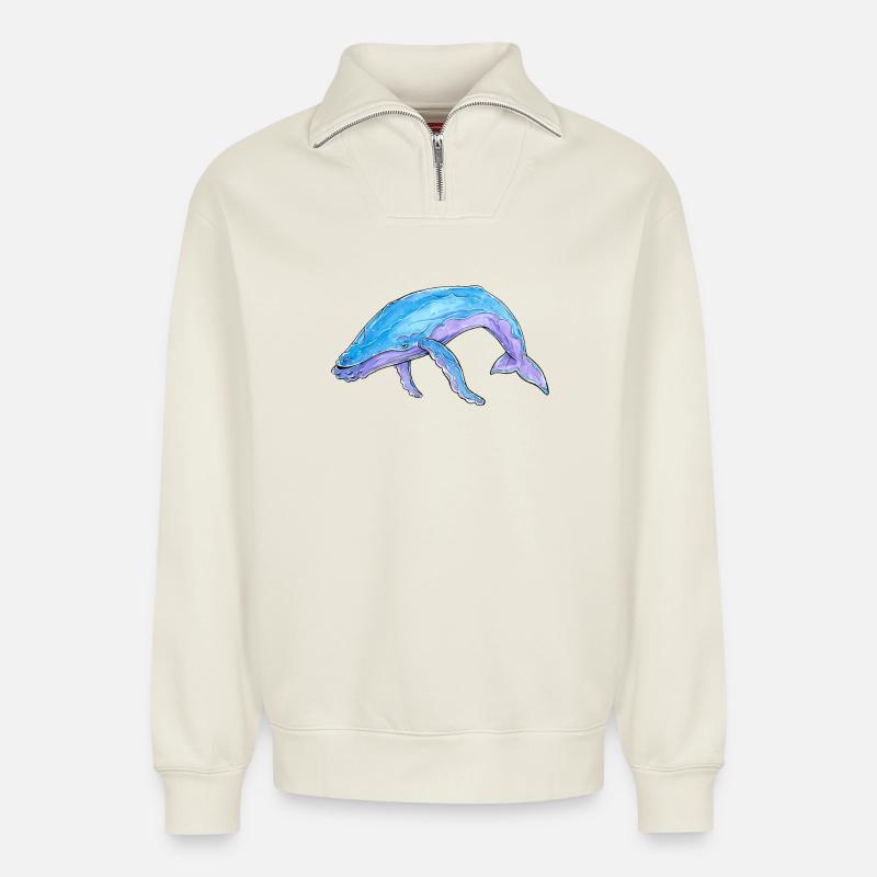 Buckelwal Aquarell - Relaxed Unisex Organic Half Zip Sweatshirt – von SPREAD - Naturweiß