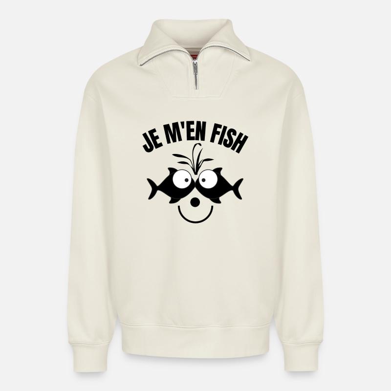 pêche, pêcheur, partie de pêche - Sweat unisexe décontracté en coton biologique à demi-zip – de SPREAD - blanc cassé