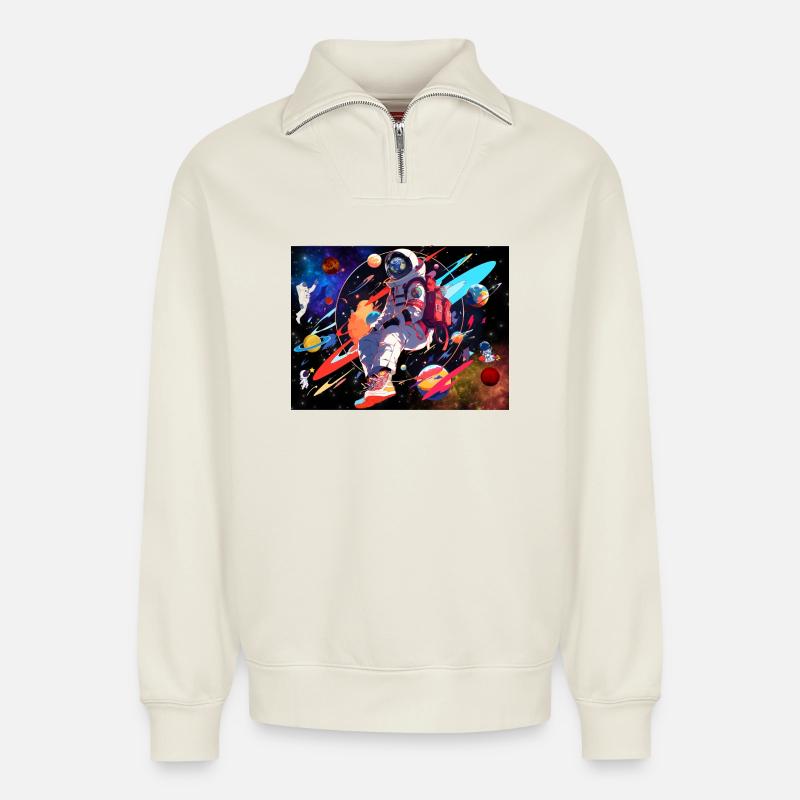Astronaut and space - Relaxed Unisex Organic Half Zip Sweatshirt – by SPREAD - off white