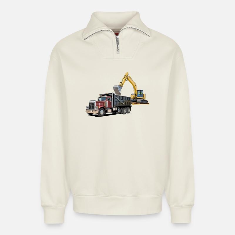 Lastwagen mit Bagger - Relaxed Unisex Organic Half Zip Sweatshirt – von SPREAD - Naturweiß