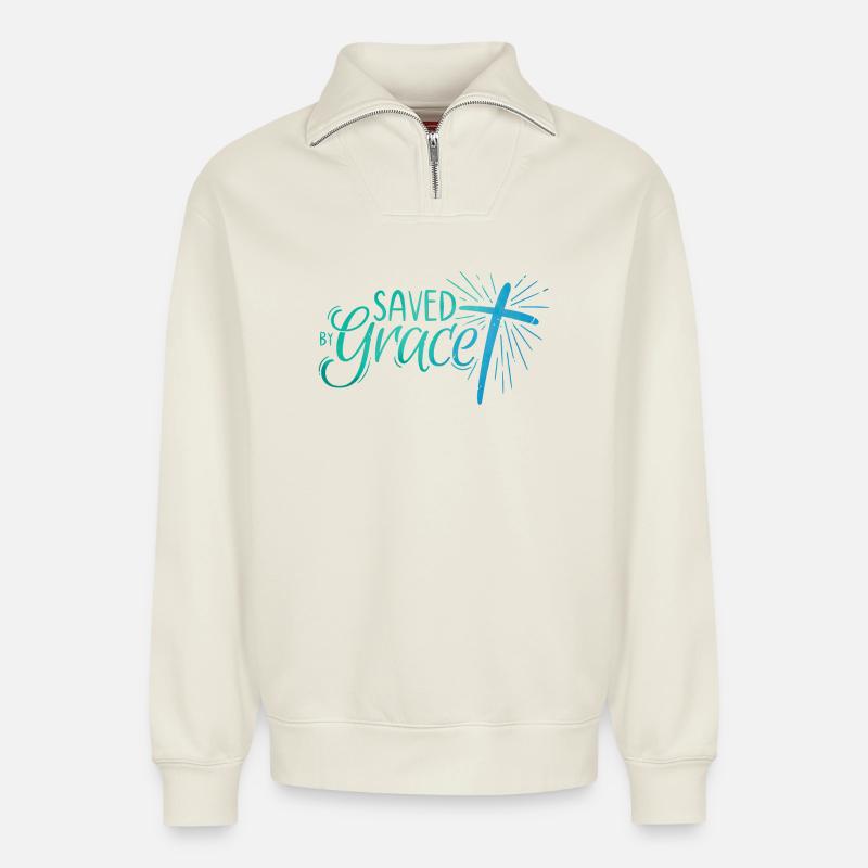Saved by Grace Lettering - Relaxed Unisex Organic Half Zip Sweatshirt – von SPREAD - Naturweiß
