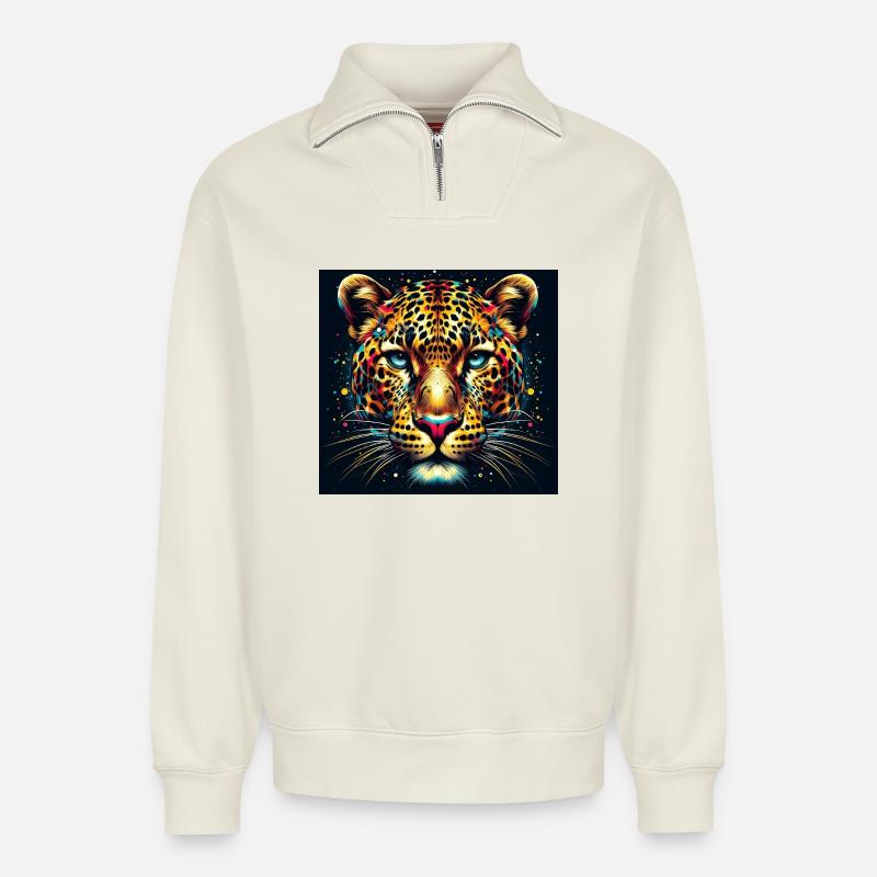 Léopard - Sweat unisexe décontracté en coton biologique à demi-zip – de SPREAD - blanc cassé