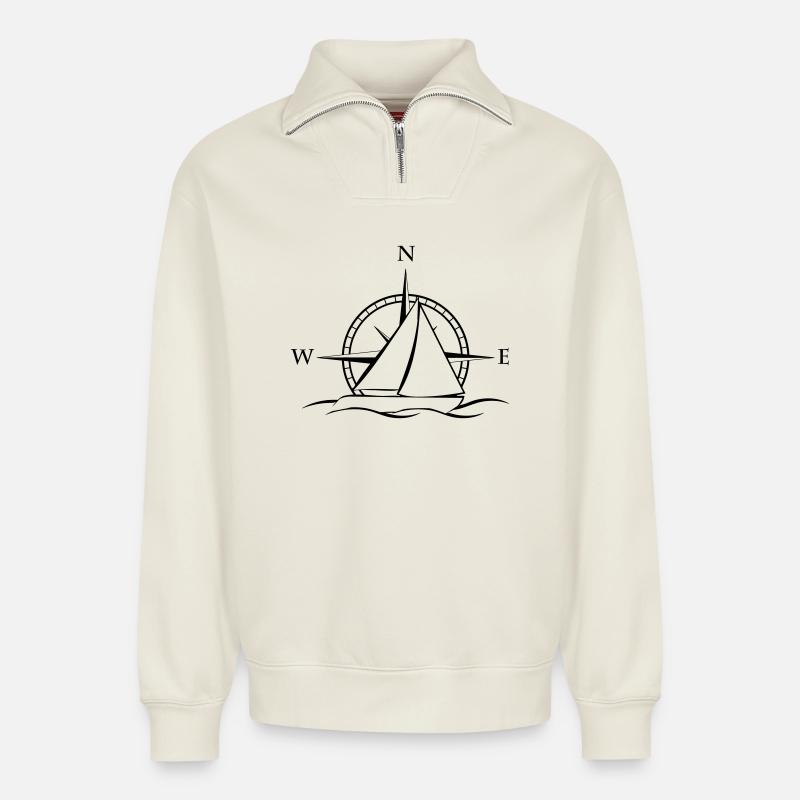 Sailboat with wind rose neutral black - Relaxed Unisex Organic Half Zip Sweatshirt – by SPREAD - off white