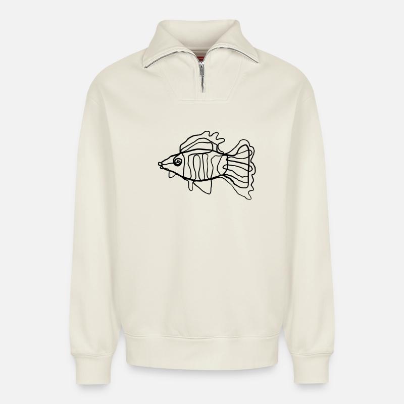 Poisson - Sweat unisexe décontracté en coton biologique à demi-zip – de SPREAD - blanc cassé